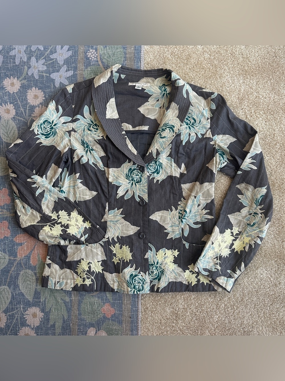 Coldwater Creek Charcoal Floral Blazer with Cream and Teal Accents